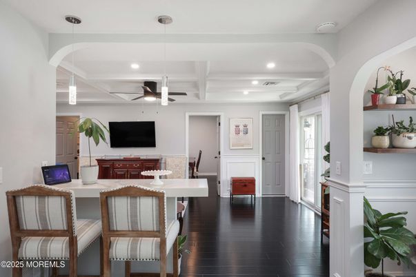 Dining room, Interior, Recessed Lighting, Wood Texture Flooring
