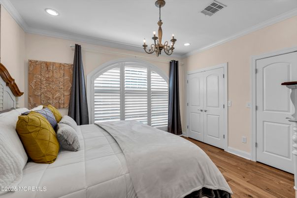 Bedroom, Chandelier, Interior, Recessed Lighting, Wood Texture Flooring