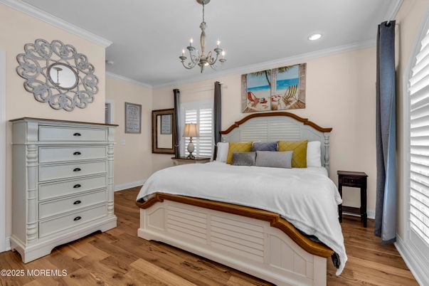 Bedroom, Chandelier, Interior, Recessed Lighting, Wood Texture Flooring