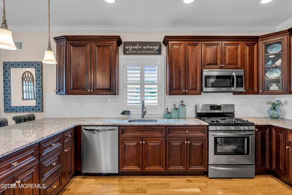 Interior, Kitchen, Pendant Lights, Recessed Lighting, Stainless Steel Appliances, Wood Texture Flooring