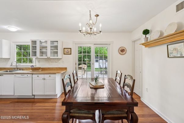 Chandelier, Dining room, Interior, Wood Texture Flooring