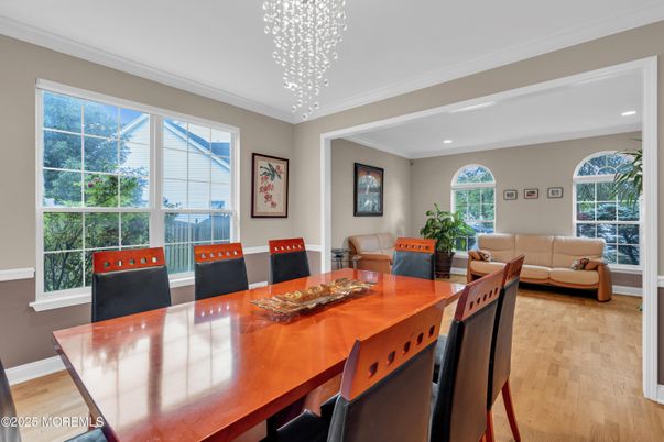 Dining room, Interior, Living room, Pendant Lights, Recessed Lighting, Wood Texture Flooring