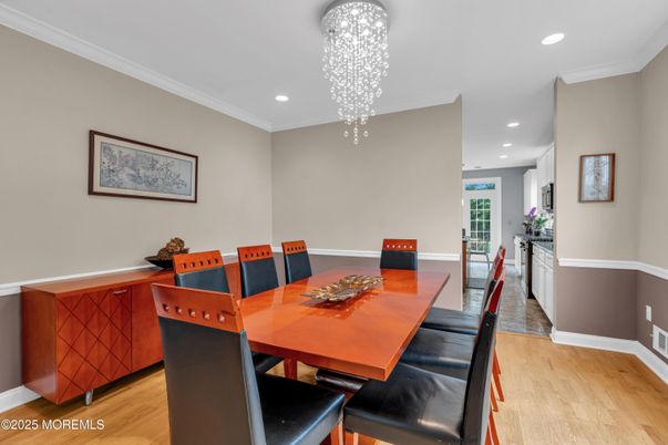 Dining room, Interior, Pendant Lights, Recessed Lighting, Wood Texture Flooring