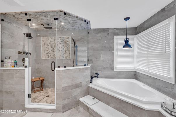 Bathroom, Glass Shower, Interior, Marble Walls, Pendant Lights