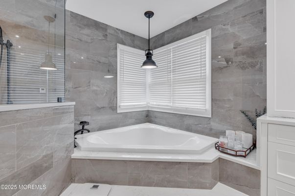 Bathroom, Glass Shower, Interior, Marble Walls, Pendant Lights