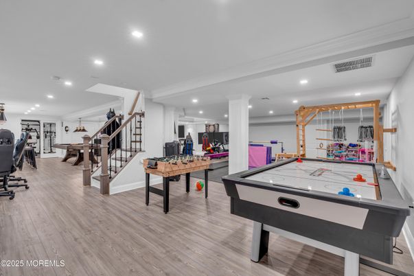 Billiard Table, Game Room, Interior, Recessed Lighting, Wood Texture Flooring