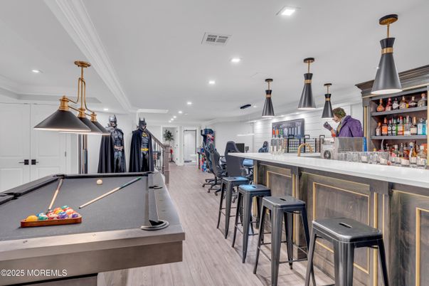 Billiard Table, Game Room, Interior, Pendant Lights, Recessed Lighting, Wood Texture Flooring