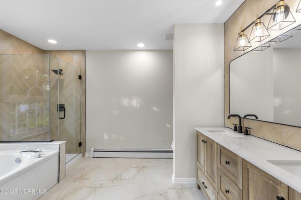 Bathroom, Dual Sink Vanities, Glass Shower, Interior, Marble, Recessed Lighting