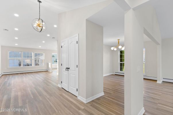 Chandelier, Empty room, Interior, Pendant Lights, Recessed Lighting, Wood Texture Flooring
