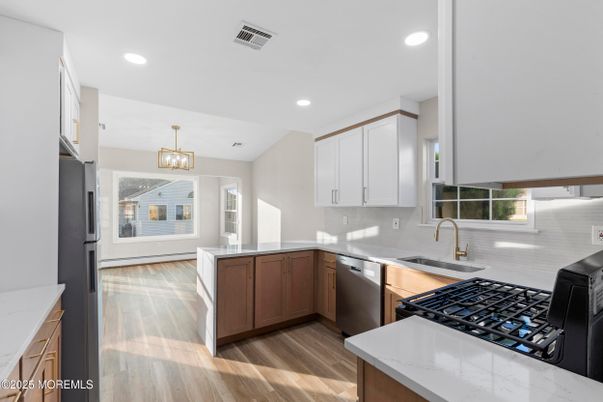 Interior, Kitchen, Pendant Lights, Recessed Lighting, Wood Texture Flooring