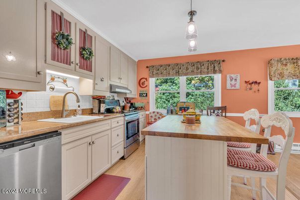 Interior, Kitchen, Pendant Lights, Stainless Steel Appliances, Wood Texture Flooring