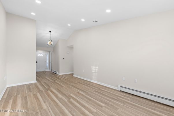 Chandelier, Empty room, Interior, Recessed Lighting, Wood Texture Flooring