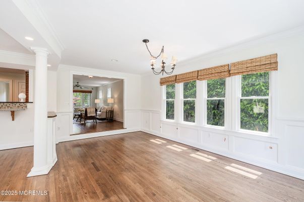 Chandelier, Dining room, Empty room, Interior, Recessed Lighting, Wood Texture Flooring