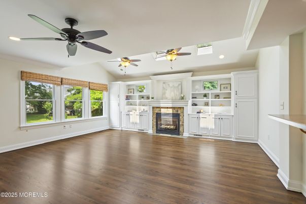 Empty room, Fireplace, Interior, Recessed Lighting, Wood Texture Flooring