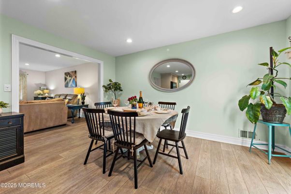 Dining room, Interior, Living room, Recessed Lighting, Wood Texture Flooring
