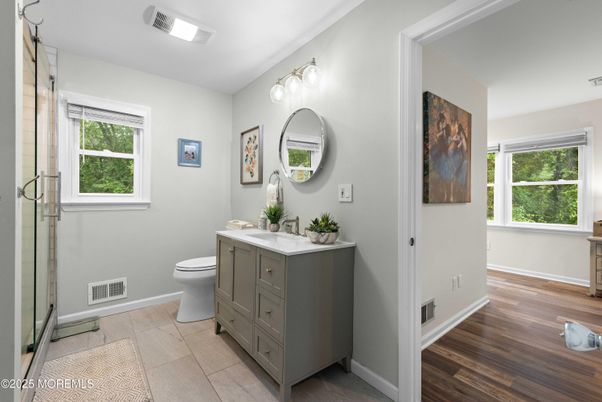 Bathroom, Glass Shower, Interior, Wood Texture Flooring