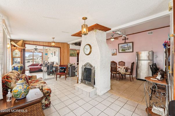 Dining room, Fireplace, Interior, Kitchen, Living room, Pendant Lights