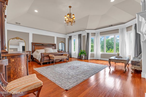 Bedroom, Chandelier, Interior, Recessed Lighting, Wood Texture Flooring