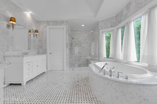 Bathroom, Dual Sink Vanities, Glass Shower, Interior, Marble Walls, Recessed Lighting