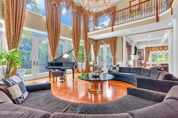 Chandelier, Interior, Living room, Piano, Recessed Lighting, Wood Texture Flooring