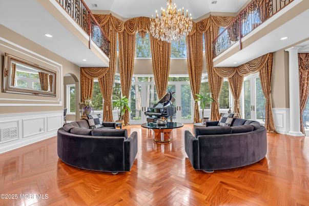 Chandelier, Interior, Living room, Piano, Recessed Lighting, Wood Texture Flooring
