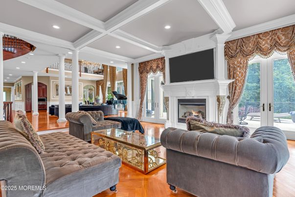 Fireplace, Interior, Living room, Piano, Recessed Lighting, Wood Texture Flooring