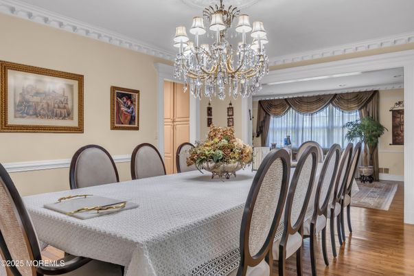 Chandelier, Dining room, Interior, Wood Texture Flooring