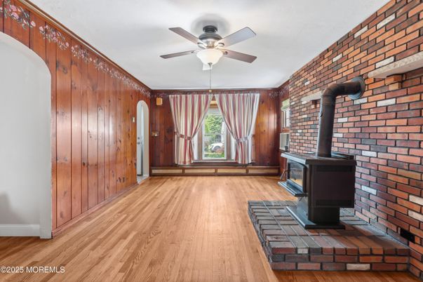 Empty room, Fireplace, Interior, Stone Walls, Wood Texture Flooring, Wooden Walls