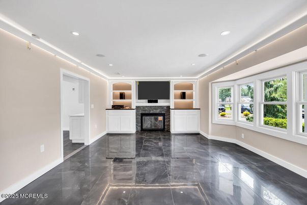 Empty room, Fireplace, Interior, Marble, Recessed Lighting