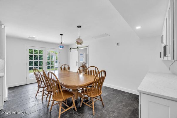Dining room, Interior, Pendant Lights, Recessed Lighting, Wood Texture Flooring