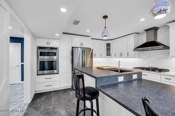 Interior, Kitchen, Marble, Pendant Lights, Recessed Lighting, Stainless Steel Appliances