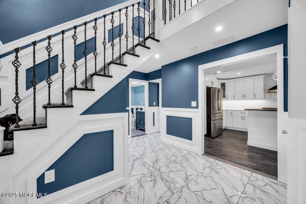 Interior, Kitchen, Marble, Recessed Lighting, Wood Texture Flooring