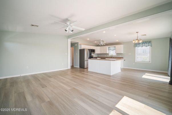 Chandelier, Empty room, Interior, Kitchen, Pendant Lights, Recessed Lighting, Wood Texture Flooring