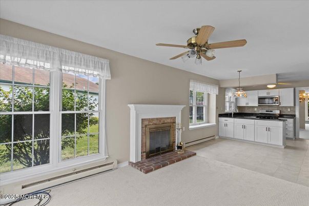 Fireplace, Interior, Kitchen, Pendant Lights