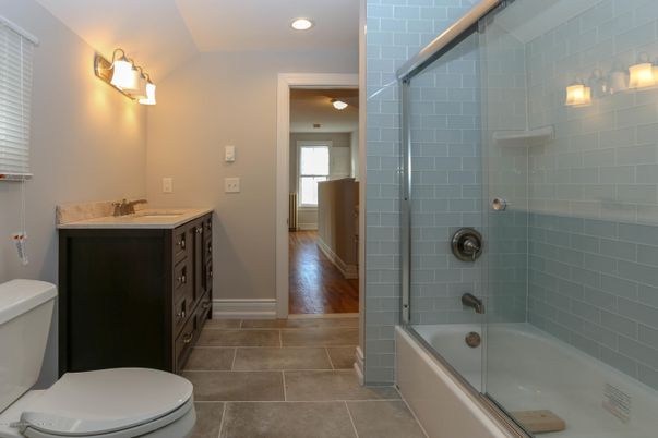 Bathroom, Glass Shower, Interior, Recessed Lighting, Wood Texture Flooring