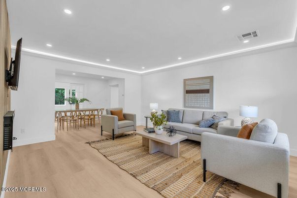 Dining room, Interior, Living room, Recessed Lighting, Wood Texture Flooring