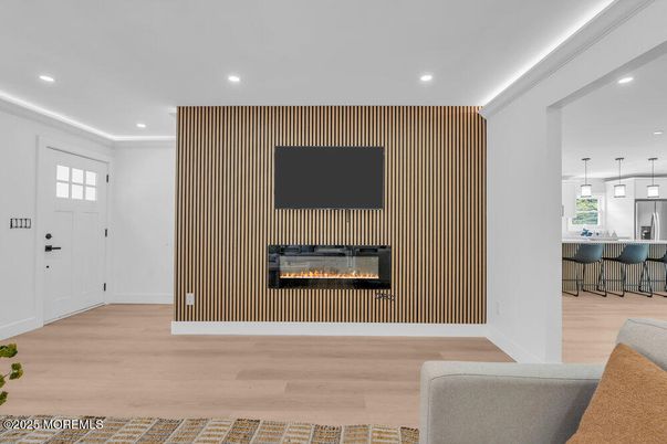 Fireplace, Interior, Pendant Lights, Recessed Lighting, Wood Texture Flooring