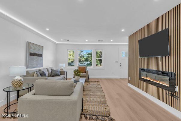 Fireplace, Interior, Living room, Recessed Lighting, Wood Texture Flooring