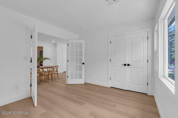 Dining room, Interior, Recessed Lighting, Wood Texture Flooring
