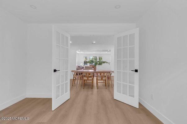 Dining room, Interior, Recessed Lighting, Wood Texture Flooring