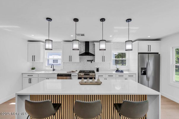 Interior, Kitchen, Pendant Lights, Recessed Lighting, Stainless Steel Appliances, Wood Texture Flooring