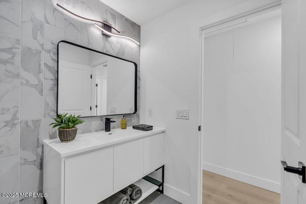Bathroom, Interior, Marble Walls, Wood Texture Flooring
