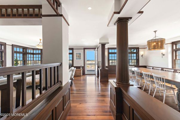 Chandelier, Dining room, Fireplace, Interior, Pendant Lights, Recessed Lighting, Wood Texture Flooring