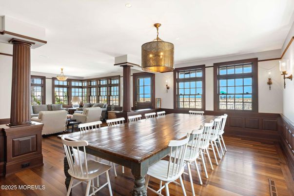 Dining room, Interior, Living room, Pendant Lights, Wood Texture Flooring