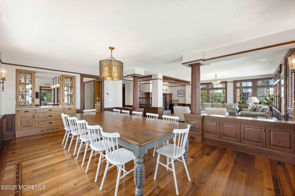 Dining room, Interior, Living room, Pendant Lights, Recessed Lighting, Wood Texture Flooring