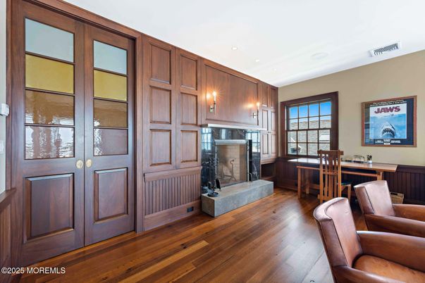 Fireplace, Home Office, Interior, Recessed Lighting, Wood Texture Flooring, Wooden Walls