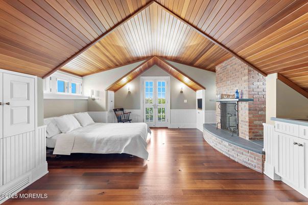 Bedroom, Fireplace, Interior, Stone Walls, Wooden Ceilings, Wood Texture Flooring