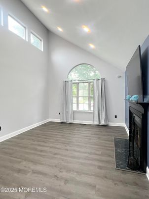 Empty room, Fireplace, Interior, Recessed Lighting, Wood Texture Flooring