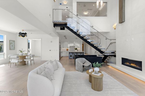 Dining room, Fireplace, Interior, Living room, Pendant Lights, Piano, Wood Texture Flooring