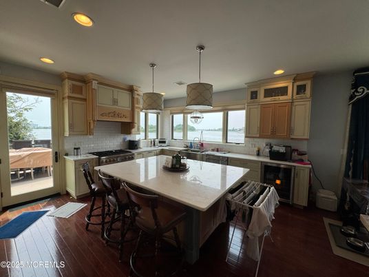 Interior, Kitchen, Pendant Lights, Recessed Lighting, Stainless Steel Appliances, Water, Wood Texture Flooring